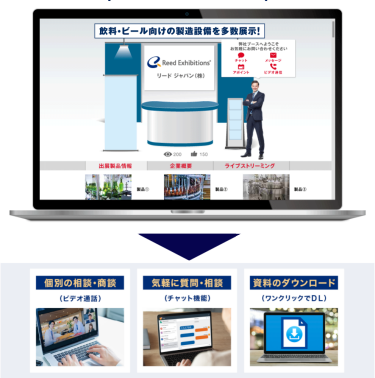 本サービスでできること　出展企業410社※のバーチャルブースにオンラインで訪問し 導入のための比較選定ができます。 個別の相談・商談（ビデオ通話）  気軽に質問・相談  （チャット機能） 資料のダウンロード（ワンクリックでＤＬ）※同時開催展を含む