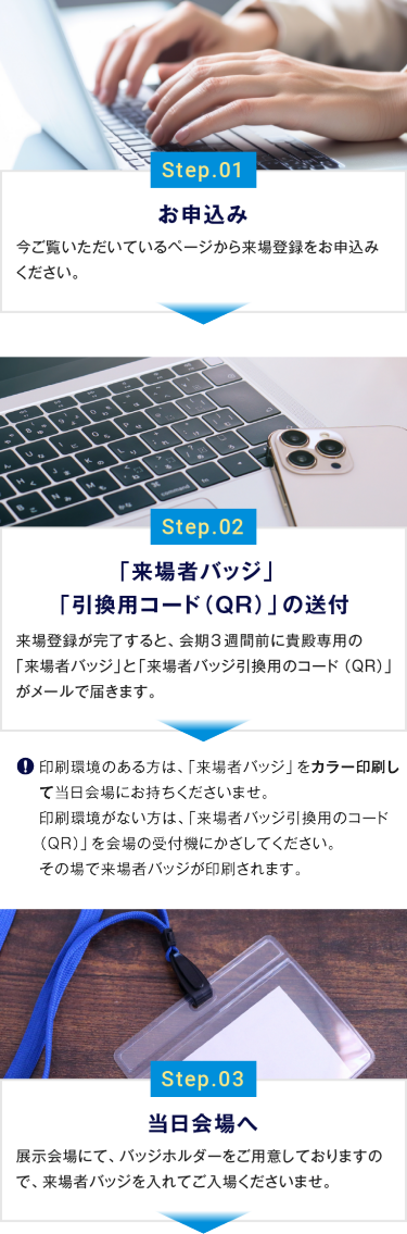 Step.01お申込み　Step.02「来場者バッジ」「引換用コード（QR）」の送付　Step.03当日会場へ